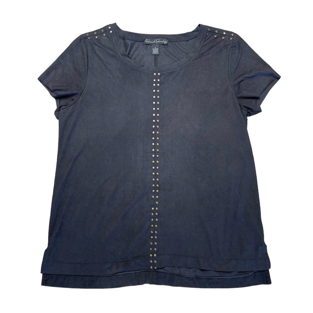 FRENCH LAUNDRY Black Faux Suede Short Sleeve Gold Accent Blouse Women’s Size L